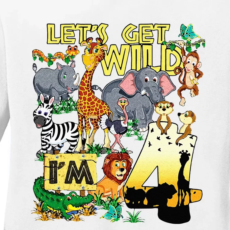 4 Year Old Zoo Safari Birthday Party Tee Lets Get Wild Im 4 Ladies Long Sleeve Shirt