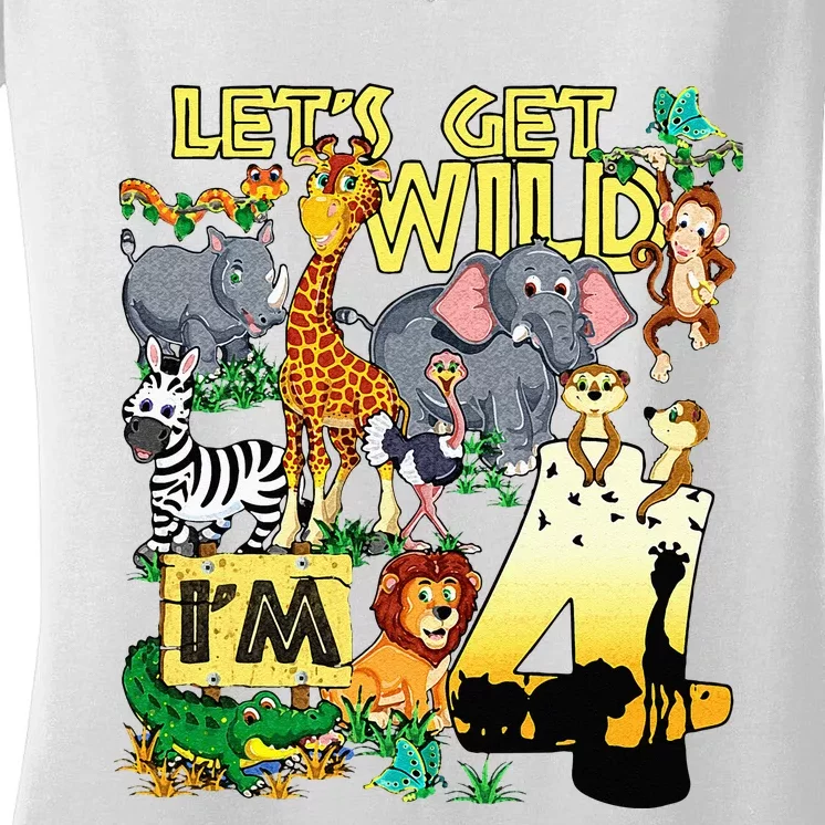 4 Year Old Zoo Safari Birthday Party Tee Lets Get Wild Im 4 Women's V-Neck T-Shirt