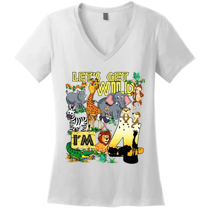 4 Year Old Zoo Safari Birthday Party Tee Lets Get Wild Im 4 Women's V-Neck T-Shirt