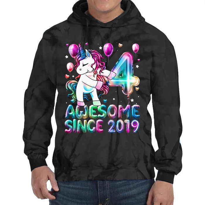 4 Years Old Unicorn Flossing 4th Birthday Girl Unicorn Party Tie Dye Hoodie