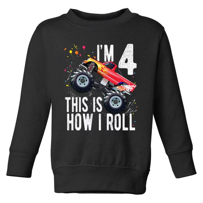 4 Year Old 4th Birthday Boy Monster Truck Car. Toddler Sweatshirt