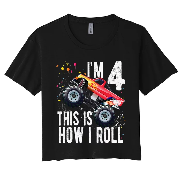 4 Year Old 4th Birthday Boy Monster Truck Car. Women's Crop Top Tee