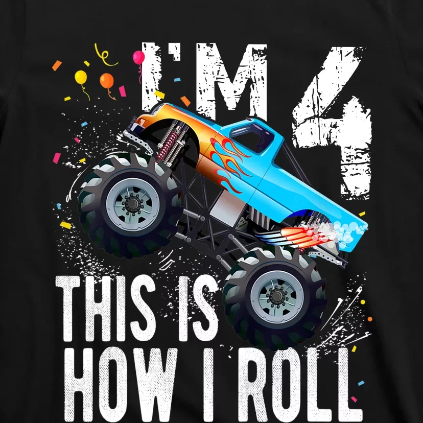 4 Year Old Gift Cool 4th Birthday Boy Gift For Monster Truck Car Lovers T-Shirt