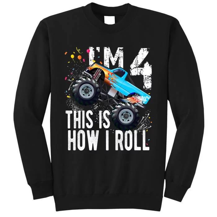 4 Year Old Gift Cool 4th Birthday Boy Gift For Monster Truck Car Lovers Tall Sweatshirt