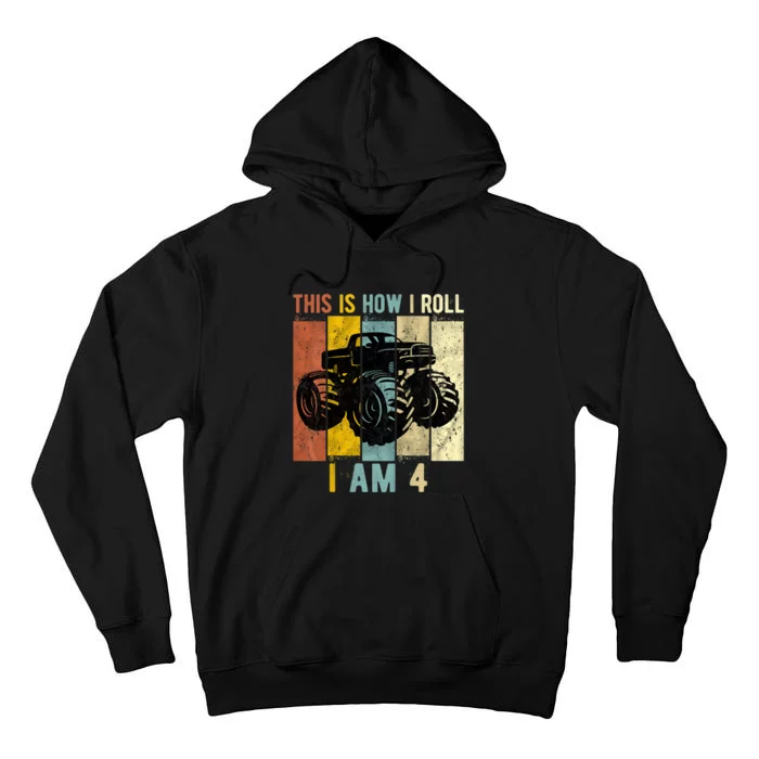 4 Year Old Birthday Boy Monster Truck 4th Birthday Tall Hoodie