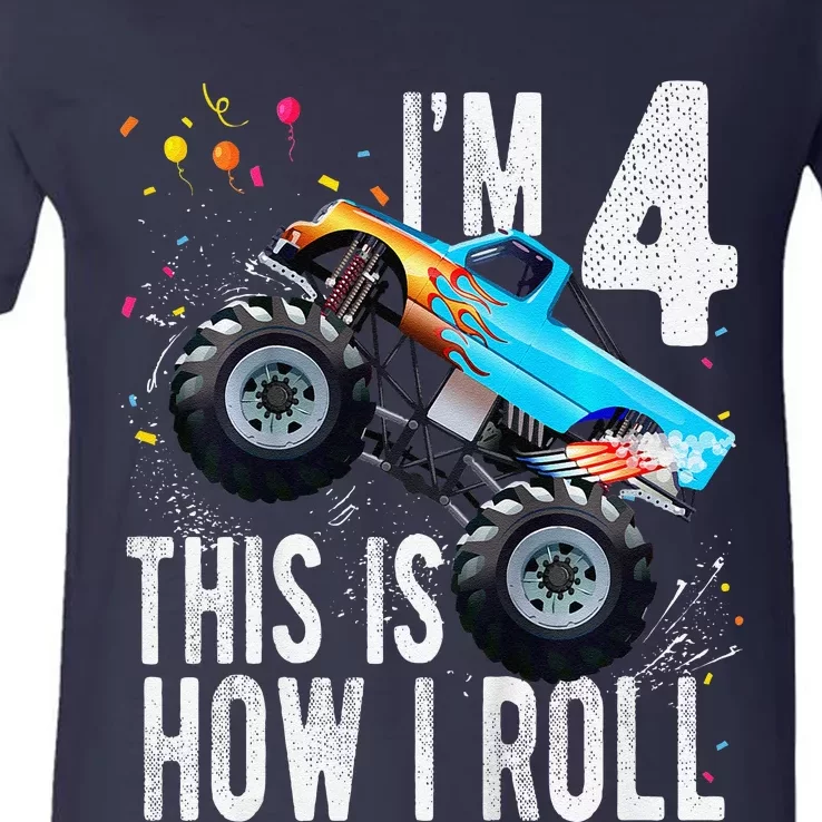 4 Year Old 4th Birthday Boy Monster Truck Car V-Neck T-Shirt