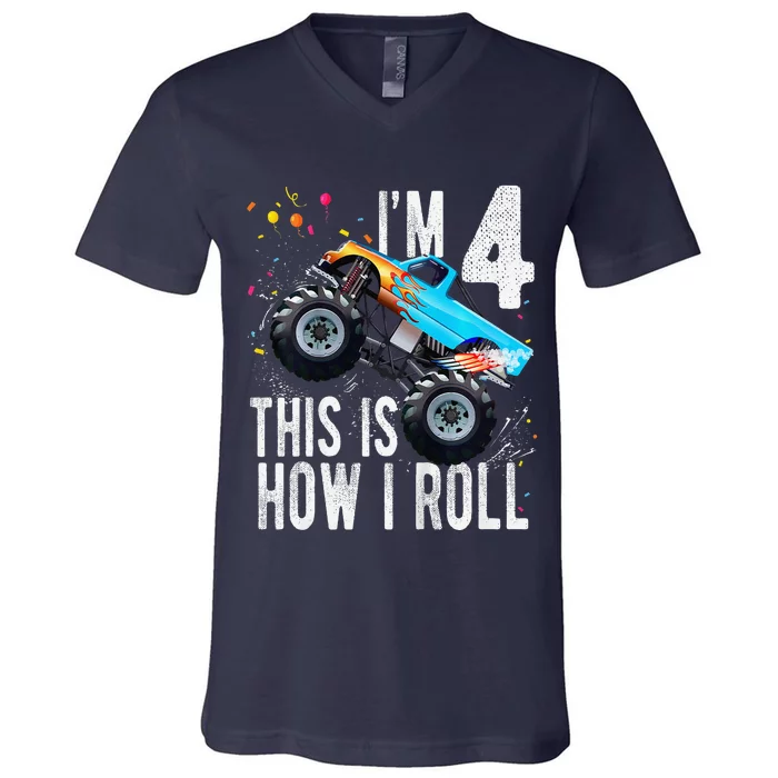 4 Year Old 4th Birthday Boy Monster Truck Car V-Neck T-Shirt