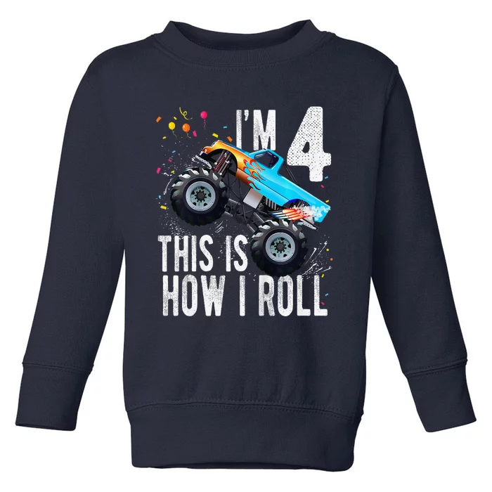 4 Year Old 4th Birthday Boy Monster Truck Car Toddler Sweatshirt