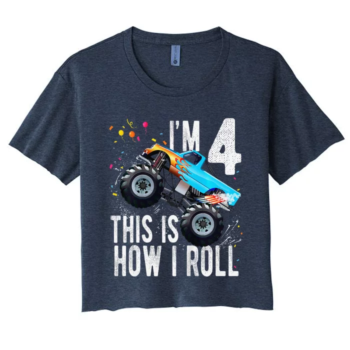 4 Year Old 4th Birthday Boy Monster Truck Car Women's Crop Top Tee