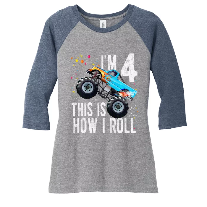 4 Year Old 4th Birthday Boy Monster Truck Car Women's Tri-Blend 3/4-Sleeve Raglan Shirt