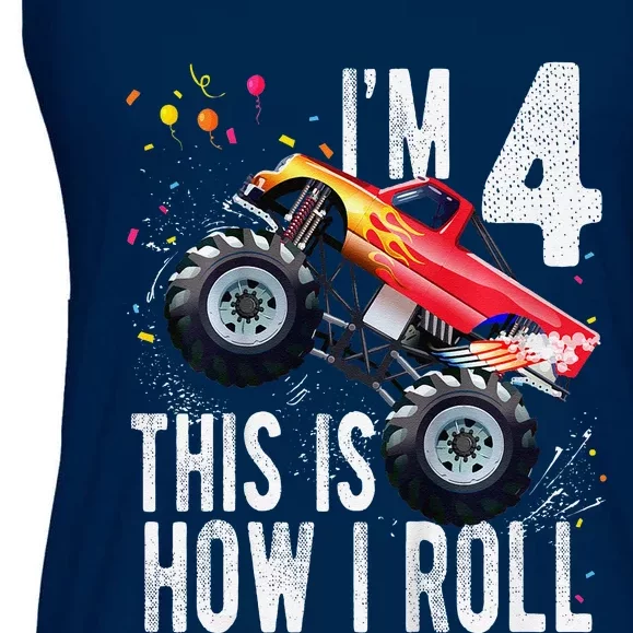 4 Year Old 4th Birthday Boy Monster Truck Car Ladies Essential Flowy Tank