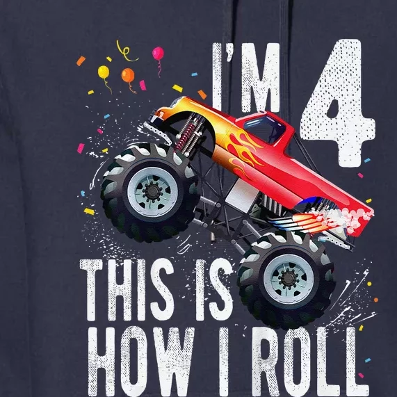 4 Year Old 4th Birthday Boy Monster Truck Car Premium Hoodie