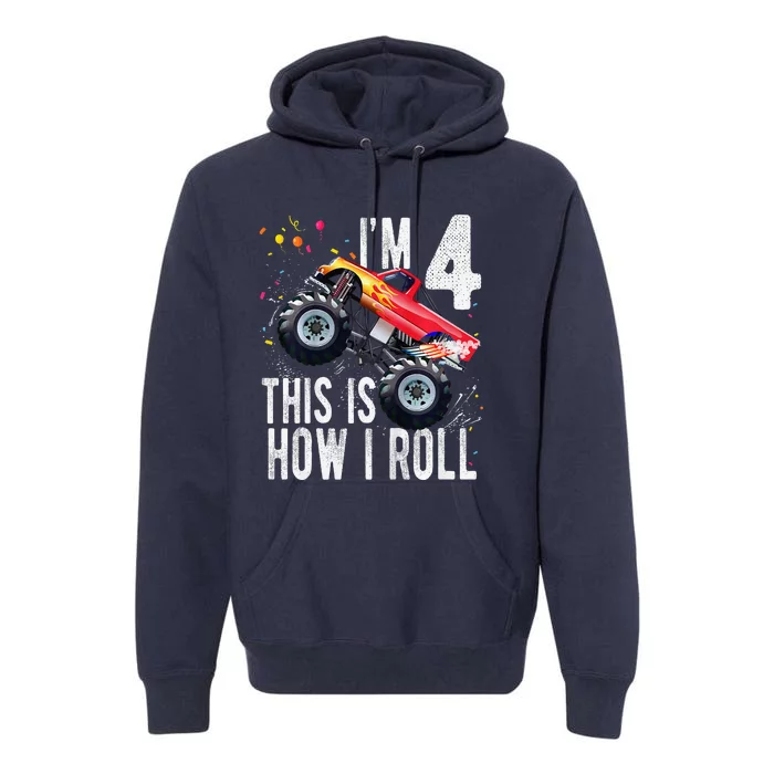 4 Year Old 4th Birthday Boy Monster Truck Car Premium Hoodie