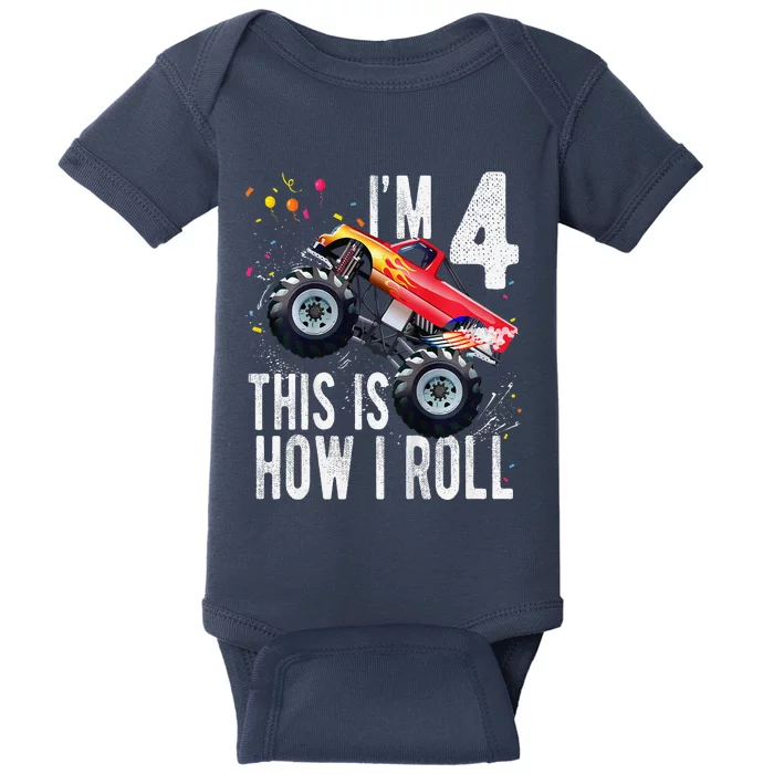 4 Year Old 4th Birthday Boy Monster Truck Car Baby Bodysuit