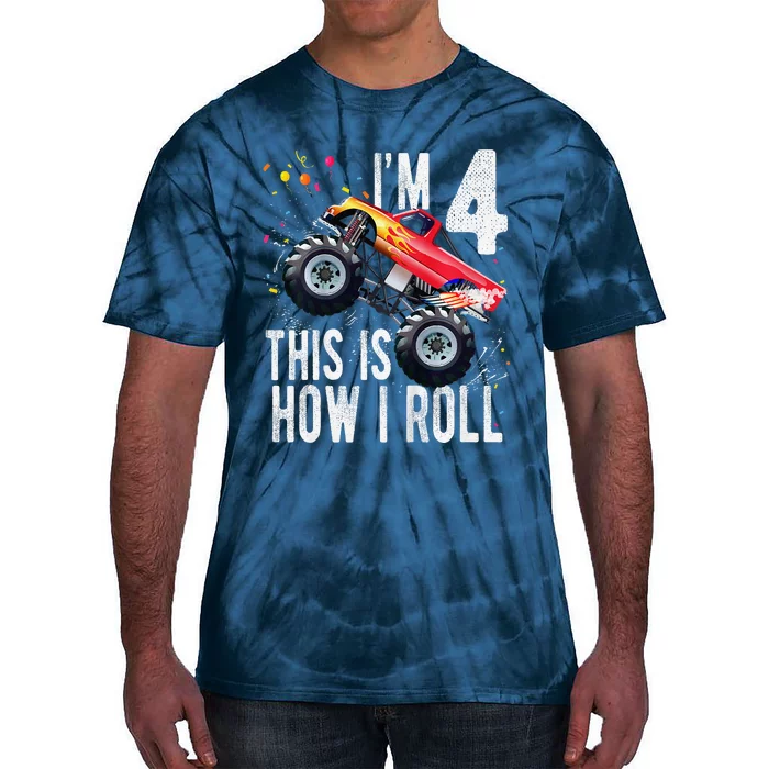 4 Year Old 4th Birthday Boy Monster Truck Car Tie-Dye T-Shirt