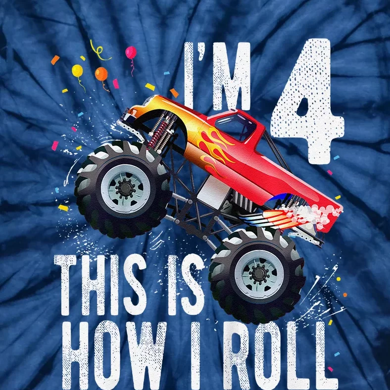 4 Year Old 4th Birthday Boy Monster Truck Car Tie-Dye T-Shirt