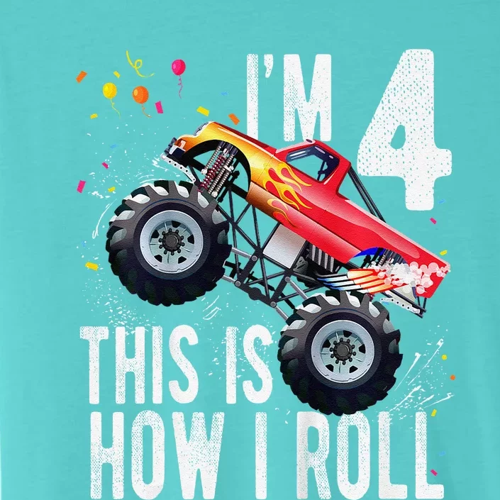 4 Year Old 4th Birthday Boy Monster Truck Car ChromaSoft Performance T-Shirt