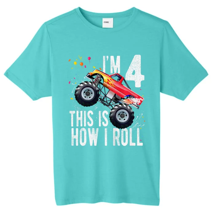 4 Year Old 4th Birthday Boy Monster Truck Car ChromaSoft Performance T-Shirt