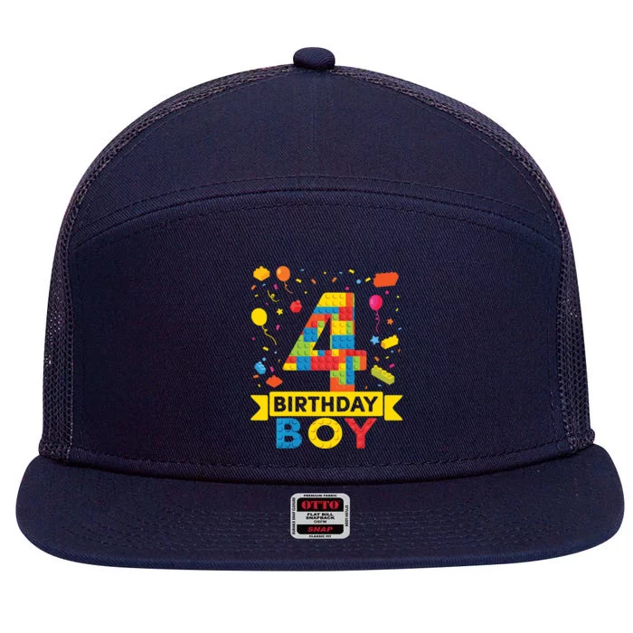 4 Year Old Building Blocks 4th Birthday Boy 7 Panel Mesh Trucker Snapback Hat