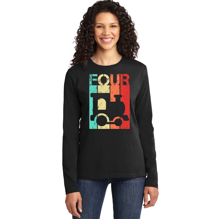 4 Year Old Train Birthday Fourth 4th Birthday Ladies Long Sleeve Shirt