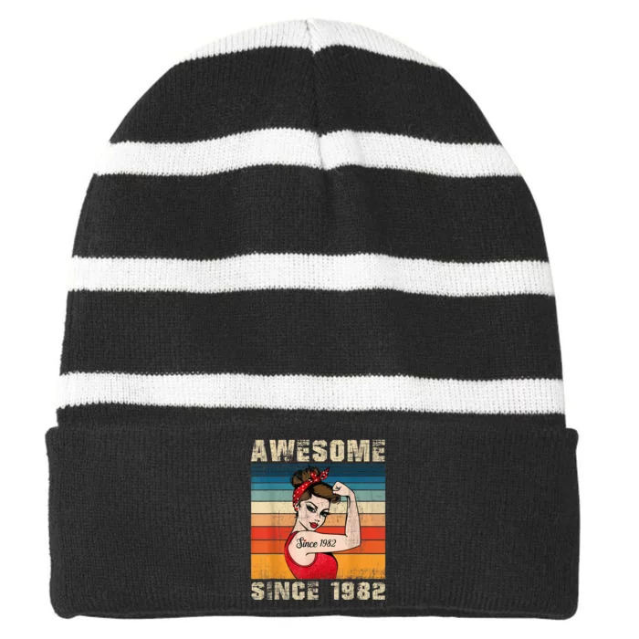 41 Year Old Awesome Since 1982 41st Birthday Gifts Wo Striped Beanie with Solid Band