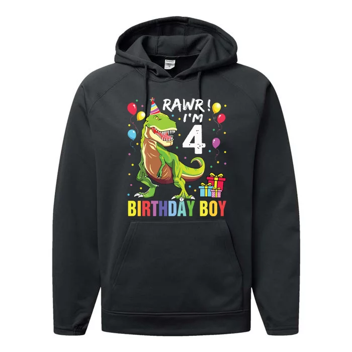 4 Year Old 4th Birthday Rex Dinosaur Performance Fleece Hoodie