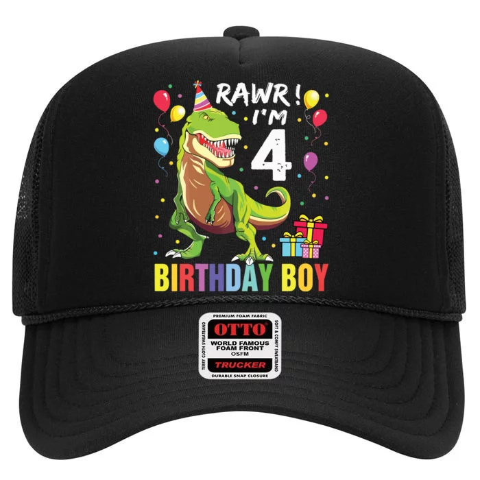 4 Year Old 4th Birthday Rex Dinosaur High Crown Mesh Trucker Hat