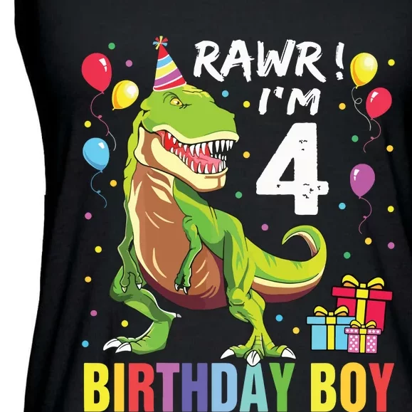 4 Year Old 4th Birthday Rex Dinosaur Ladies Essential Flowy Tank