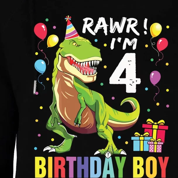 4 Year Old 4th Birthday Rex Dinosaur Womens Funnel Neck Pullover Hood