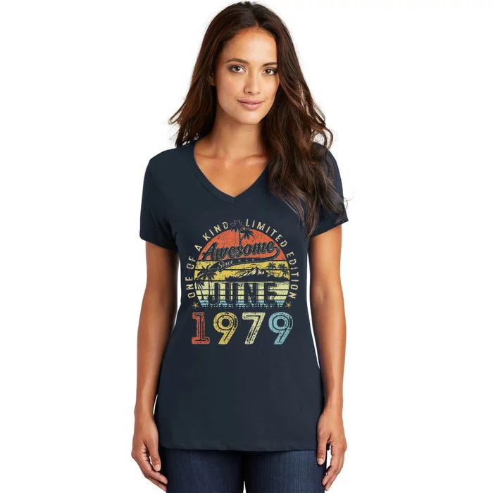 44 Year Old Awesome Since June 1979 44th Birthday Women's V-Neck T-Shirt