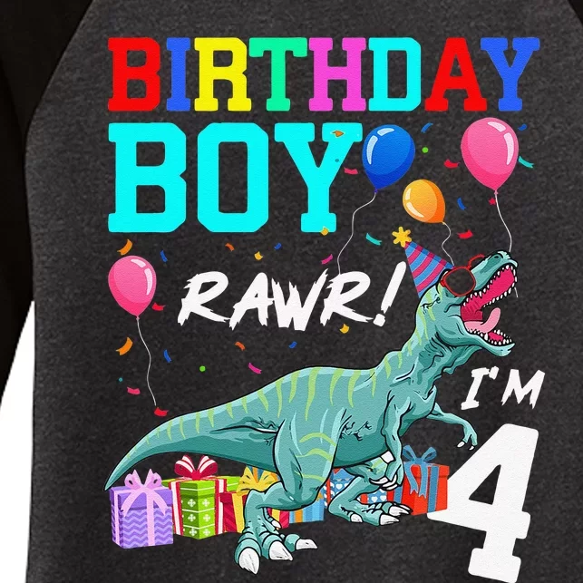 4 Year Old 4th Birthday T Rex Dinosaur Women's Tri-Blend 3/4-Sleeve Raglan Shirt