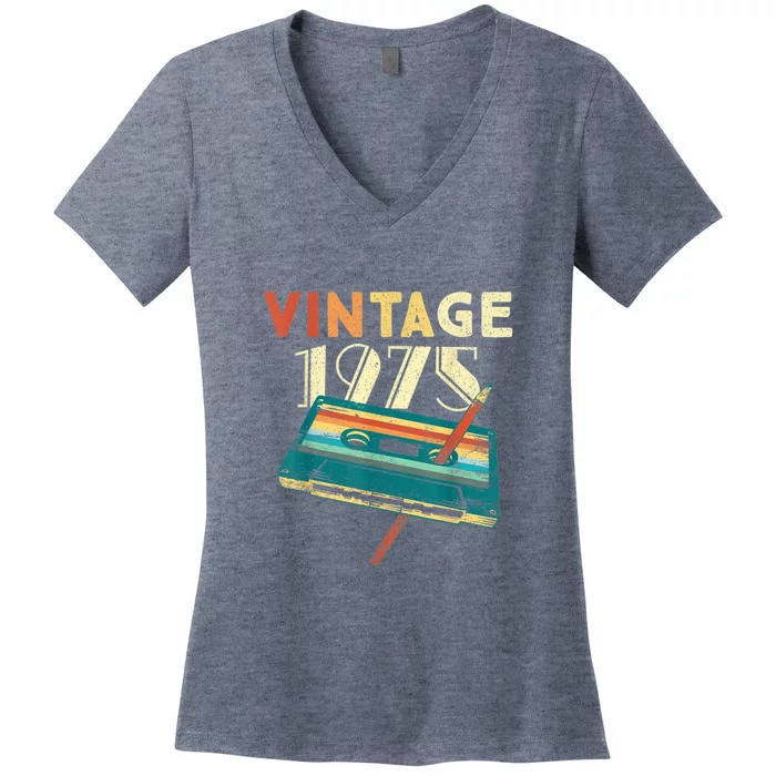 48 Years Old Gifts Vintage 1975 Music Cassette 48th Birthday Women's V-Neck T-Shirt