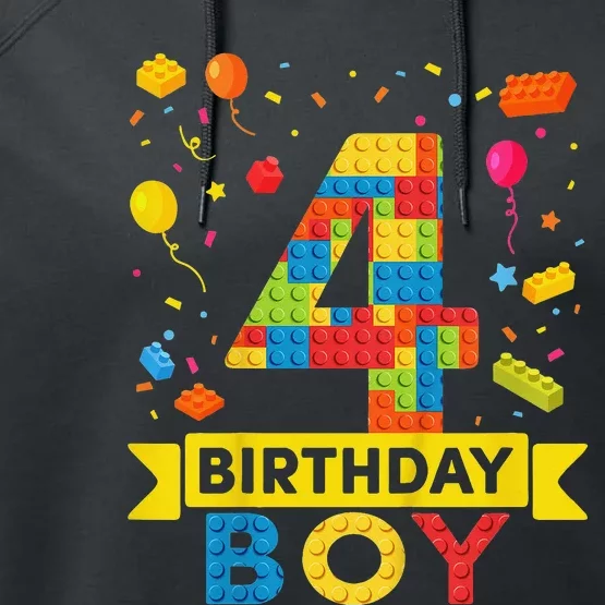 4 Year Old Building Blocks 4th Birthday Performance Fleece Hoodie