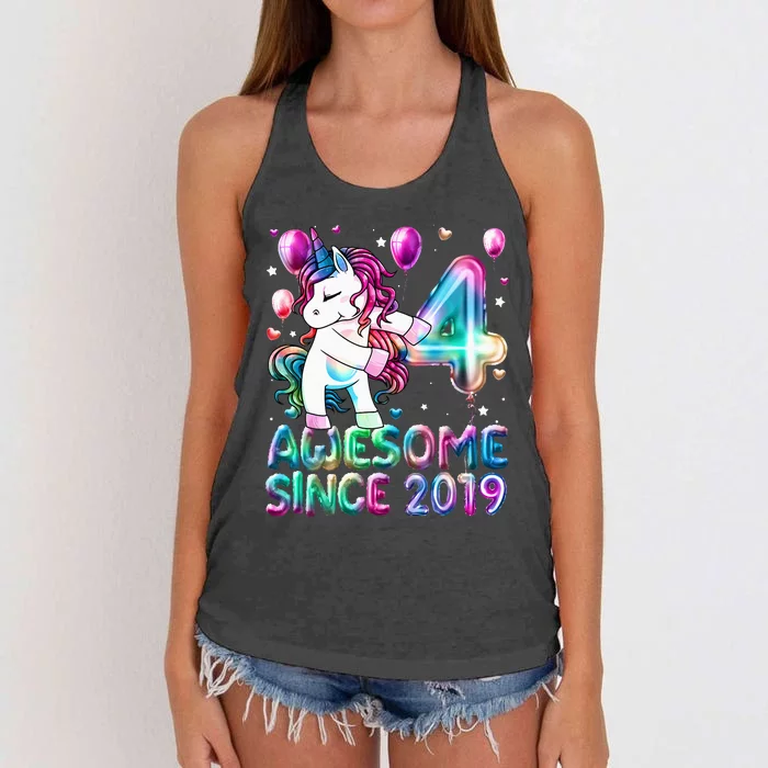 4 Years Old Unicorn Flossing 4th Birthday Girl Unicorn Party Women's Knotted Racerback Tank