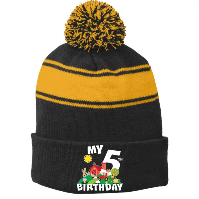 5 Year Old Farm My 5th Birthday Stripe Pom Pom Beanie