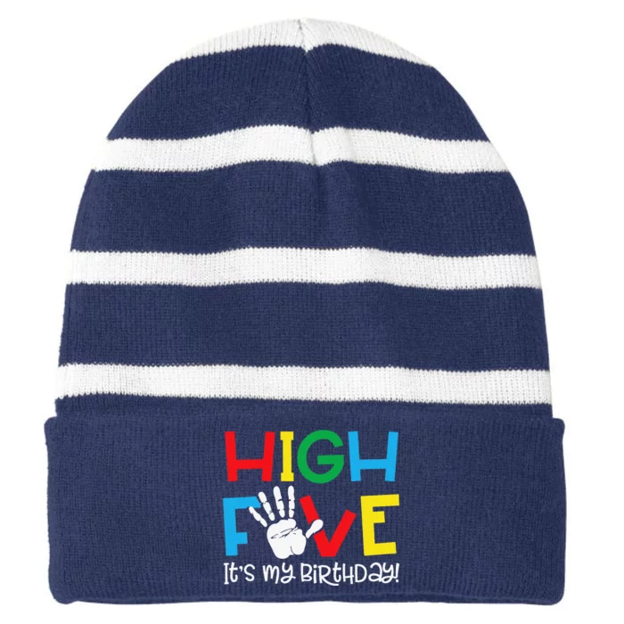 5yr 5th Birthday Funny High Five Its My Birthday Striped Beanie with Solid Band