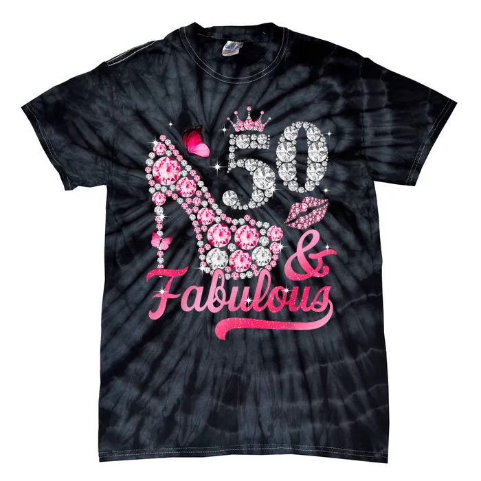 50 And Fabulous High Heel WoM.e.n.s 50th Birthday Tie-Dye T-Shirt