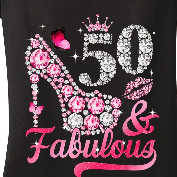 50 And Fabulous High Heel WoM.e.n.s 50th Birthday Women's V-Neck T-Shirt