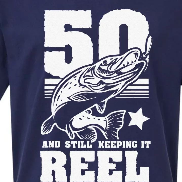 50th Birthday 50 Still Keeping It Reel Fishing Sueded Cloud Jersey T-Shirt