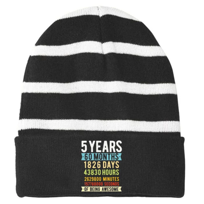 5th Birthday 5 Years Old Vintage Retro 60 Months Striped Beanie with Solid Band