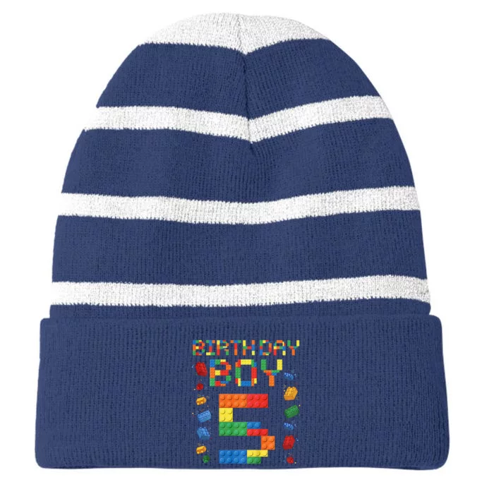 5th Birthday 5 Years Old Block Building Gift Striped Beanie with Solid Band