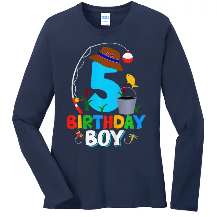 5th Birthday Boy Fishing Fish Bday Party Decorations Ladies Long Sleeve Shirt