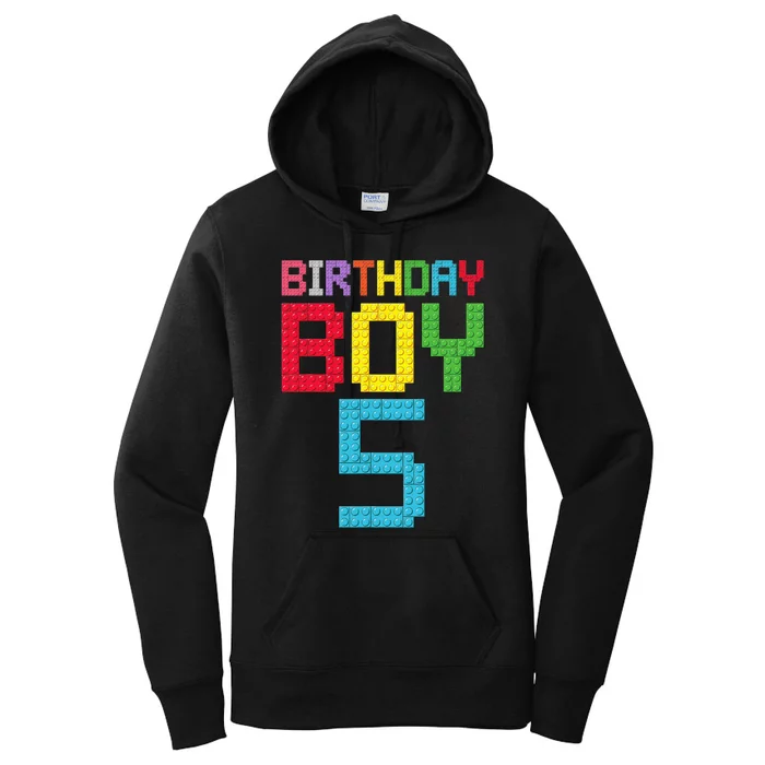 5th Birthday Boy Master Builder 5 Years Old Block Building Women's Pullover Hoodie