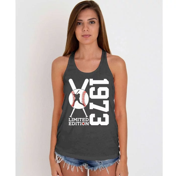 50th Birthday Baseball Limited Edition 1973 Women's Knotted Racerback Tank