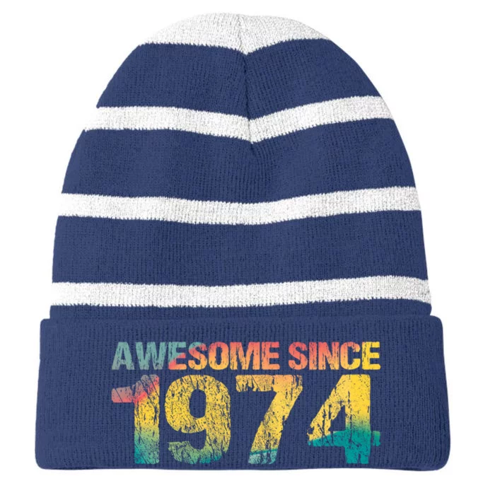 50th Birthday Born 1974 Gift Awesome Since 1974 Striped Beanie with Solid Band