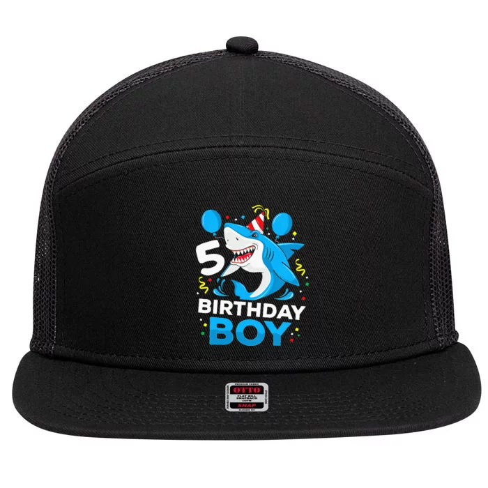 5th Birthday Boy Shark Ocean Theme Party 5 Years Old For Boy 7 Panel Mesh Trucker Snapback Hat