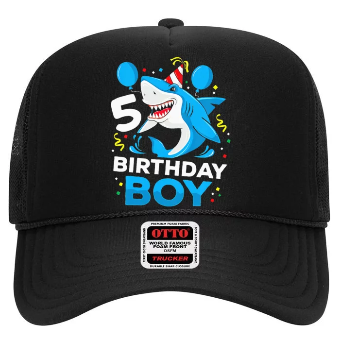 5th Birthday Boy Shark Ocean Theme Party 5 Years Old For Boy High Crown Mesh Trucker Hat