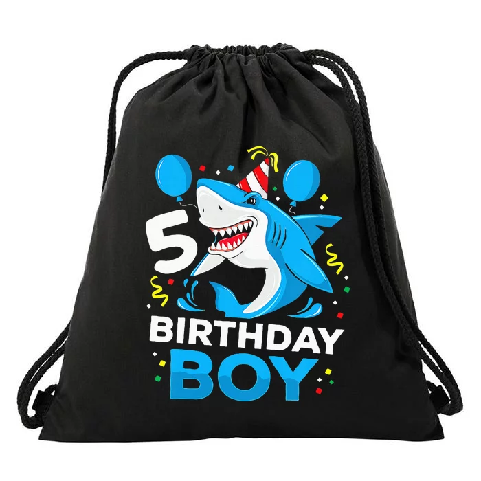 5th Birthday Boy Shark Ocean Theme Party 5 Years Old For Boy Drawstring Bag