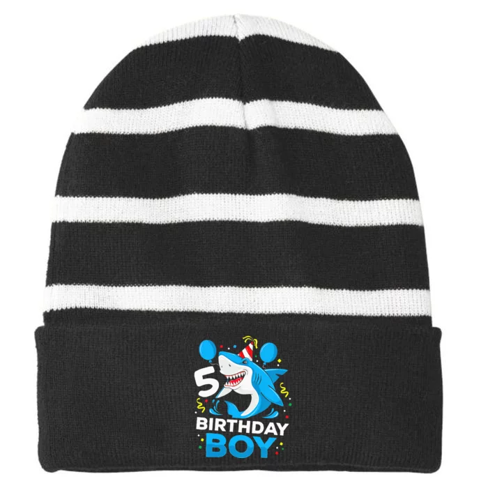 5th Birthday Boy Shark Ocean Theme Party 5 Years Old For Boy Striped Beanie with Solid Band