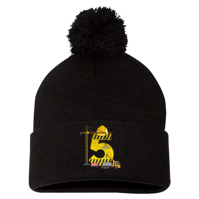 5th Birthday Construction Vehicle Excavator Truck Pom Pom 12in Knit Beanie